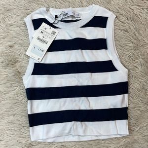 NWT ZARA Navy Blue and White Striped Crop Tank Top